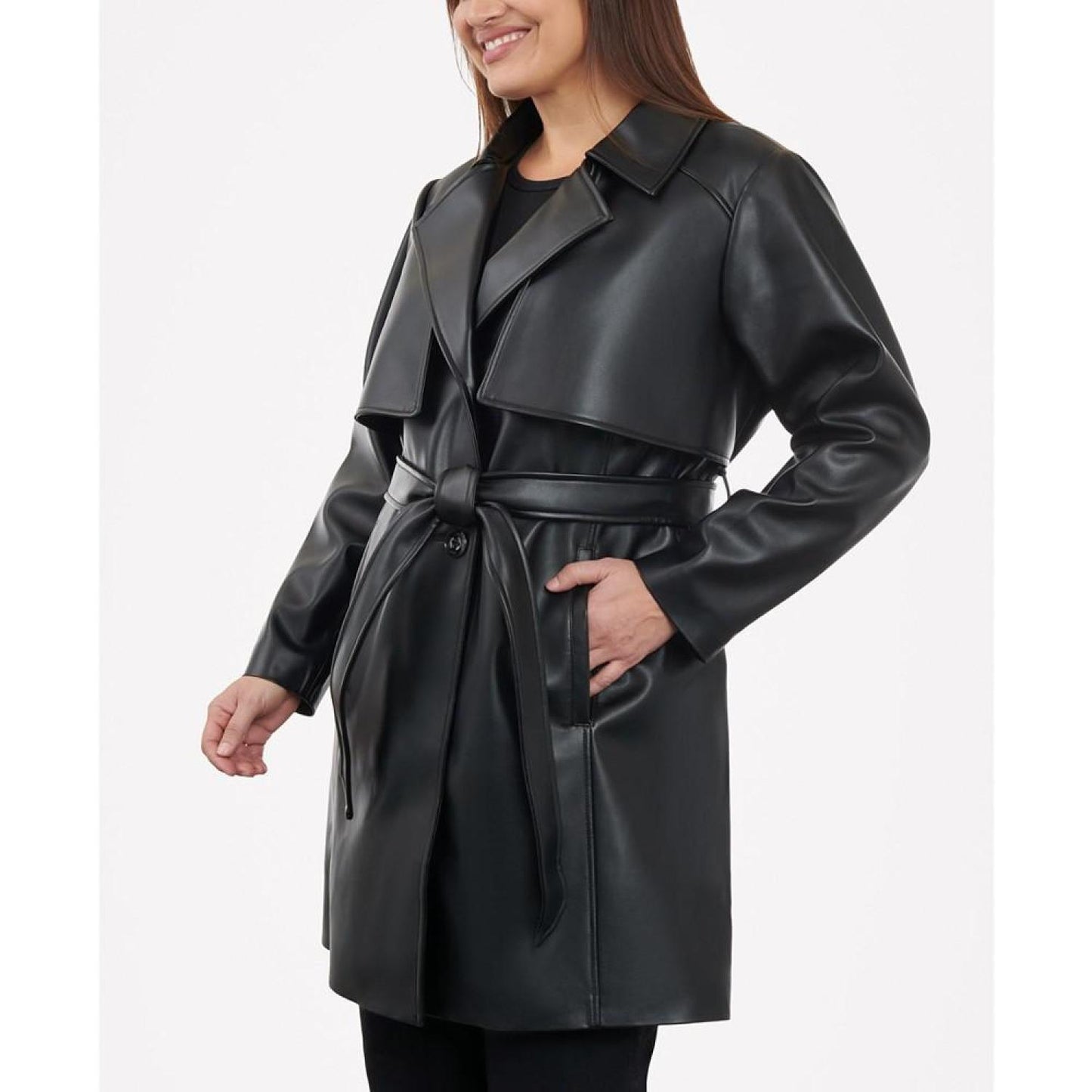 Women's Plus Size Belted Faux-Leather Trench Coat