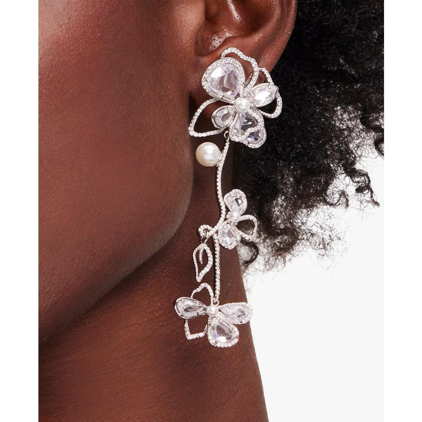 Silver-Tone Cubic Zirconia & Imitation Pearl Flower Statement Earrings