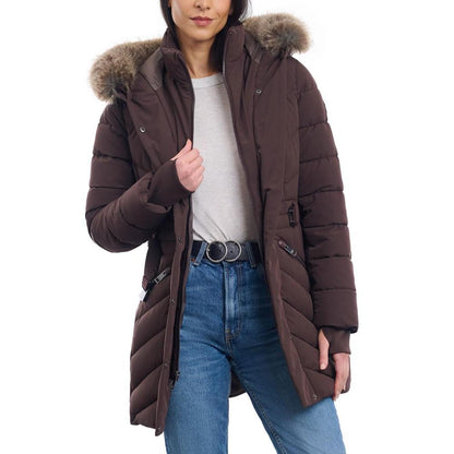 Women's Belted Faux-Fur-Trim Hooded Puffer Coat