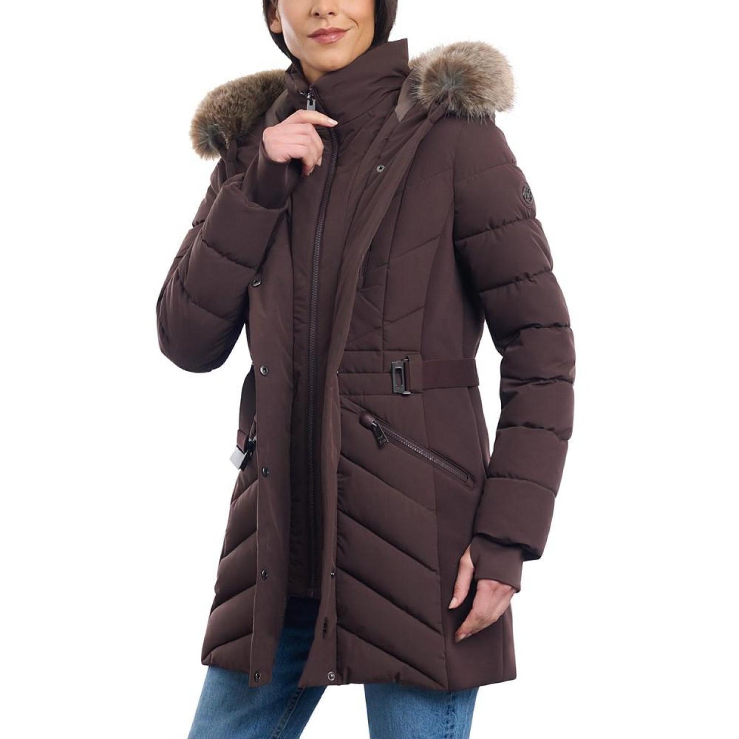 Women's Belted Faux-Fur-Trim Hooded Puffer Coat