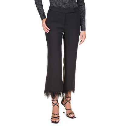 Women's Cropped Detachable Feather Trim Stretch Crepe Pants