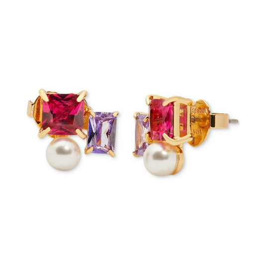 Gold-Tone Cubic Zirconia & Imitation Pearl Cluster Stud Earrings