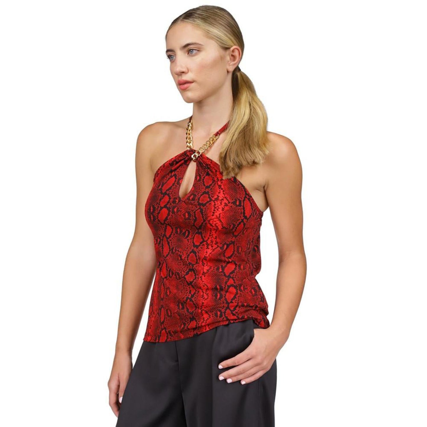 Women's Snakeskin-Print Chain-Neck Halter Top