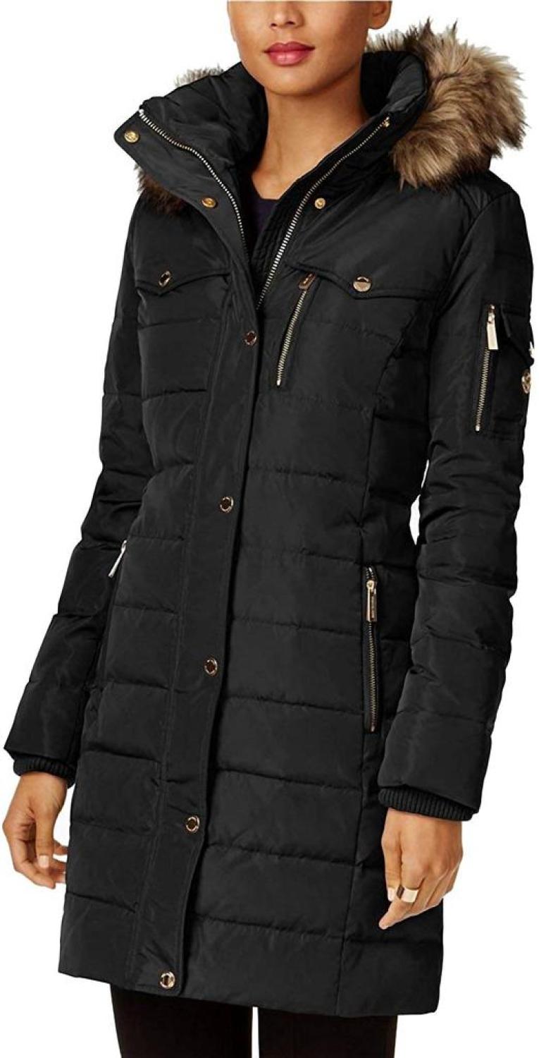 Women Faux Fur Trim Removable Hood Down Puffer Coat In Black