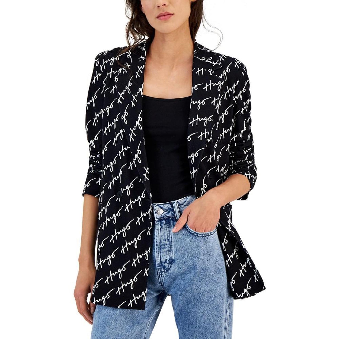 Women's Logo-Print Notch-Lapel Double-Breasted Blazer