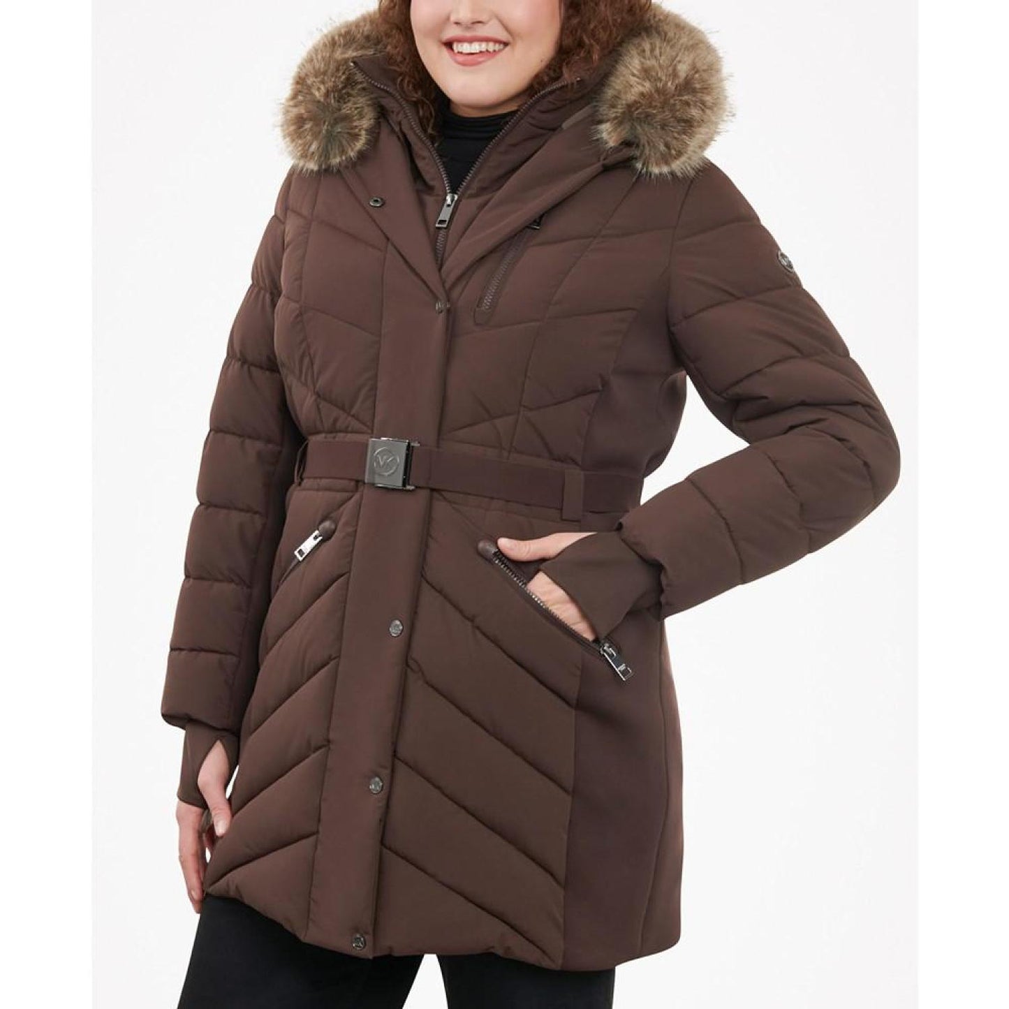 Women's Plus Size Belted Faux-Fur-Trim Hooded Puffer Coat, Created for Macy's